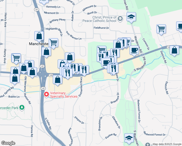 map of restaurants, bars, coffee shops, grocery stores, and more near Manchester Road in Manchester