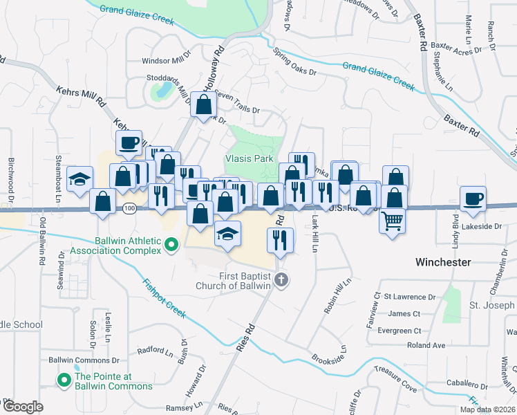 map of restaurants, bars, coffee shops, grocery stores, and more near in Ballwin