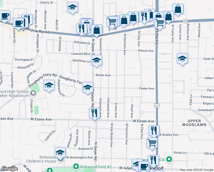 map of restaurants, bars, coffee shops, grocery stores, and more near 811 Cleveland Avenue in Kirkwood