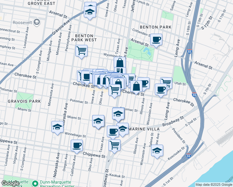map of restaurants, bars, coffee shops, grocery stores, and more near 3407 South Jefferson Avenue in St. Louis