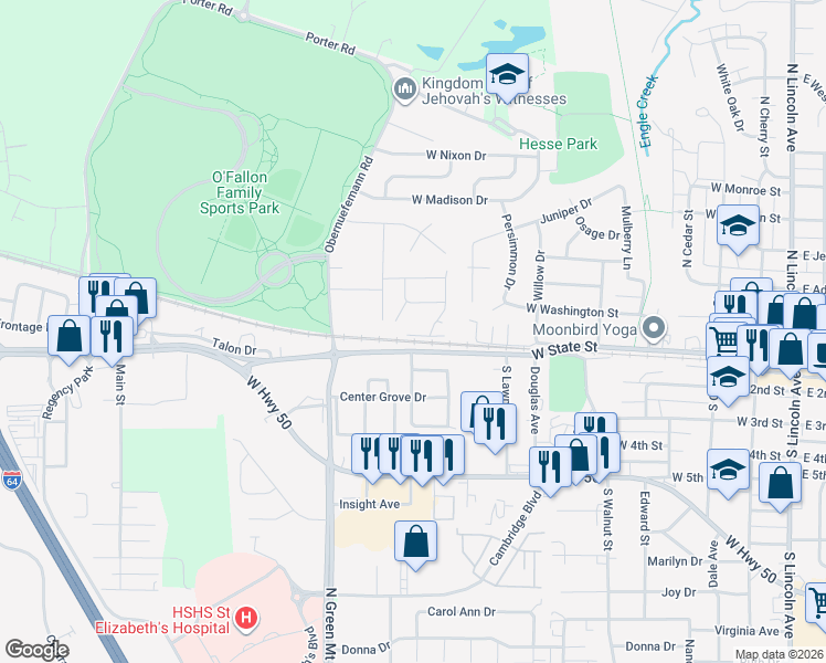 map of restaurants, bars, coffee shops, grocery stores, and more near 927 Bradley Street in O'Fallon