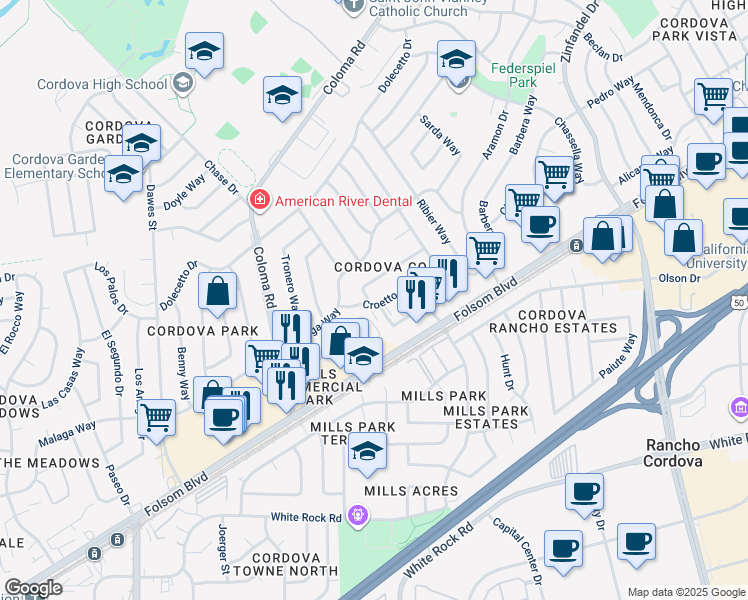 map of restaurants, bars, coffee shops, grocery stores, and more near 10526 Saltana Way in Rancho Cordova