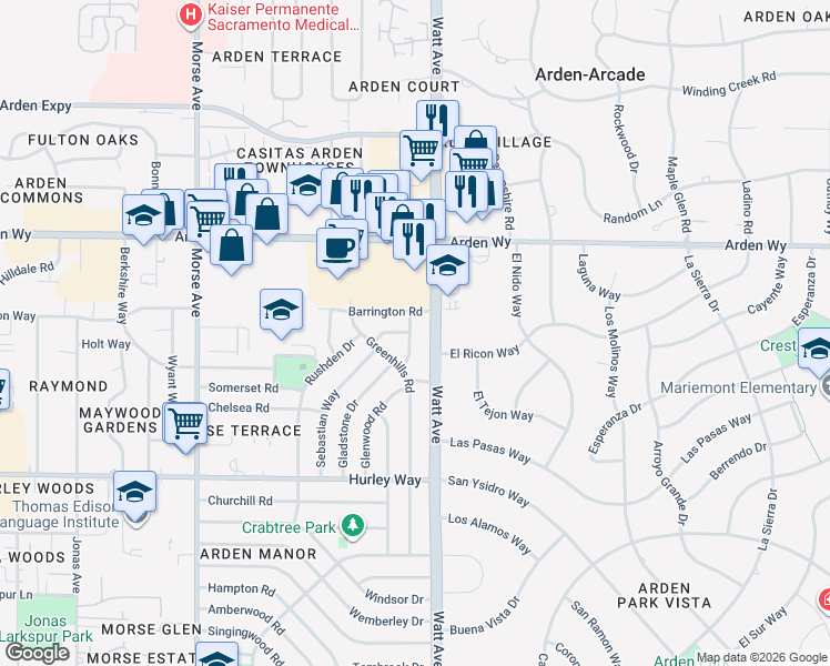 map of restaurants, bars, coffee shops, grocery stores, and more near 3432 Barrington Road in Sacramento