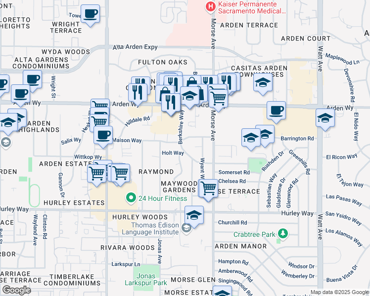 map of restaurants, bars, coffee shops, grocery stores, and more near 3000 Maison Way in Sacramento