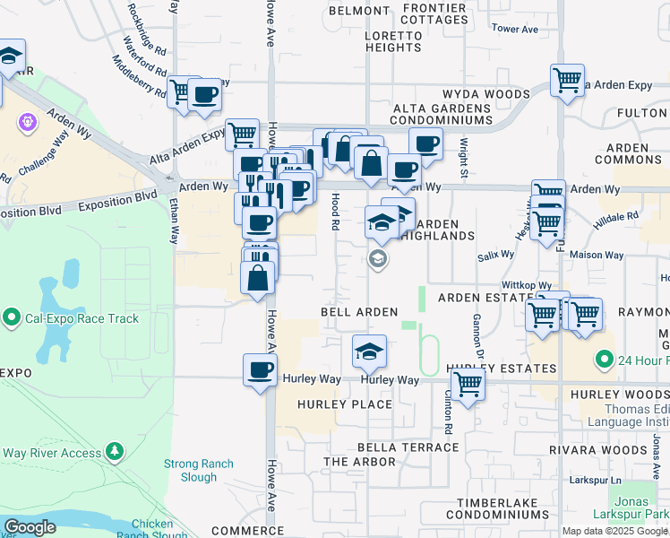 map of restaurants, bars, coffee shops, grocery stores, and more near 1537 Hood Road in Sacramento