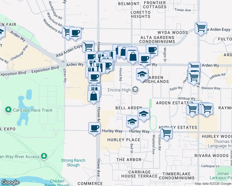 map of restaurants, bars, coffee shops, grocery stores, and more near 1537 Hood Road in Sacramento