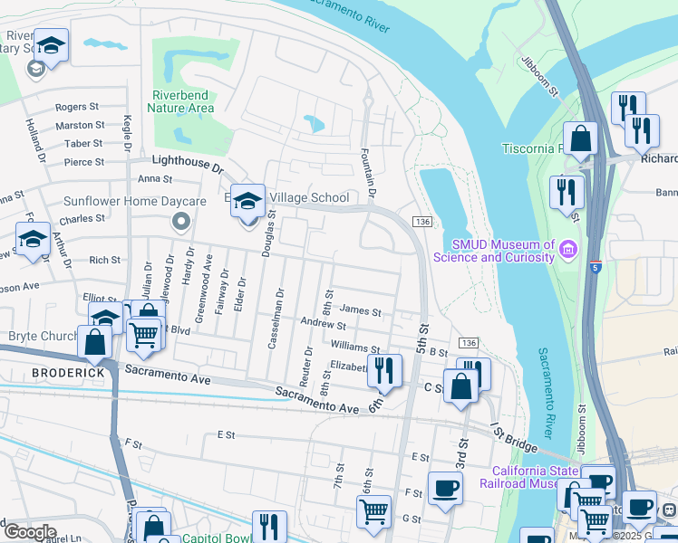 map of restaurants, bars, coffee shops, grocery stores, and more near 540 Newton Way in West Sacramento