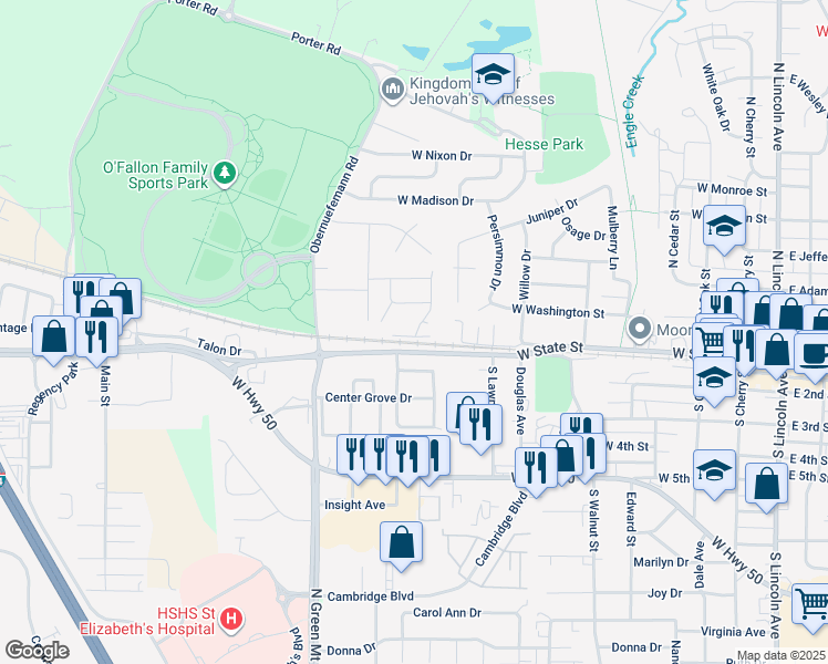 map of restaurants, bars, coffee shops, grocery stores, and more near 917A Natasha Circle in O'Fallon