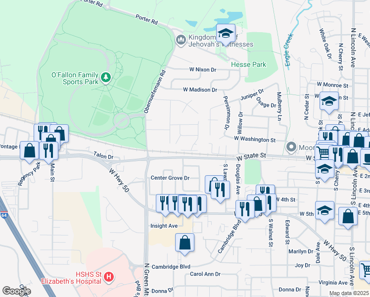 map of restaurants, bars, coffee shops, grocery stores, and more near 917A Natasha Circle in O'Fallon