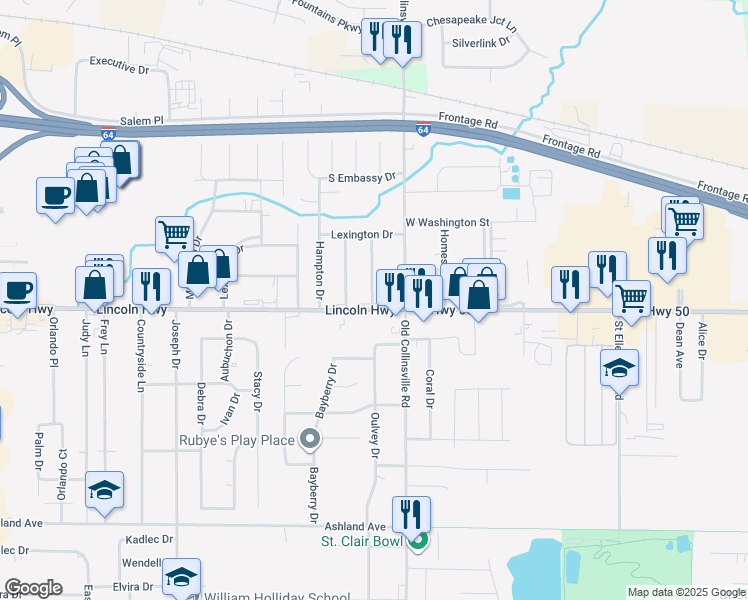 map of restaurants, bars, coffee shops, grocery stores, and more near 10 Schaperkoetter Drive in Fairview Heights