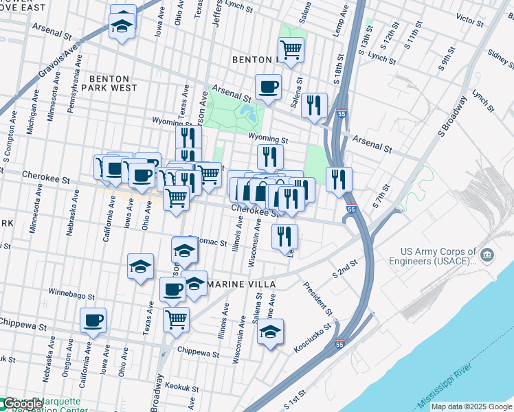 map of restaurants, bars, coffee shops, grocery stores, and more near 3334 Wisconsin Avenue in St. Louis