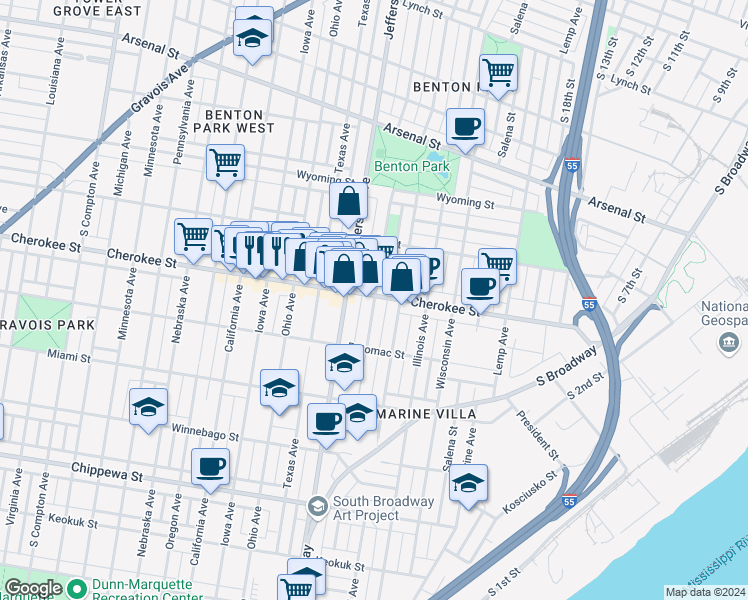map of restaurants, bars, coffee shops, grocery stores, and more near 3352 South Jefferson Avenue in St. Louis