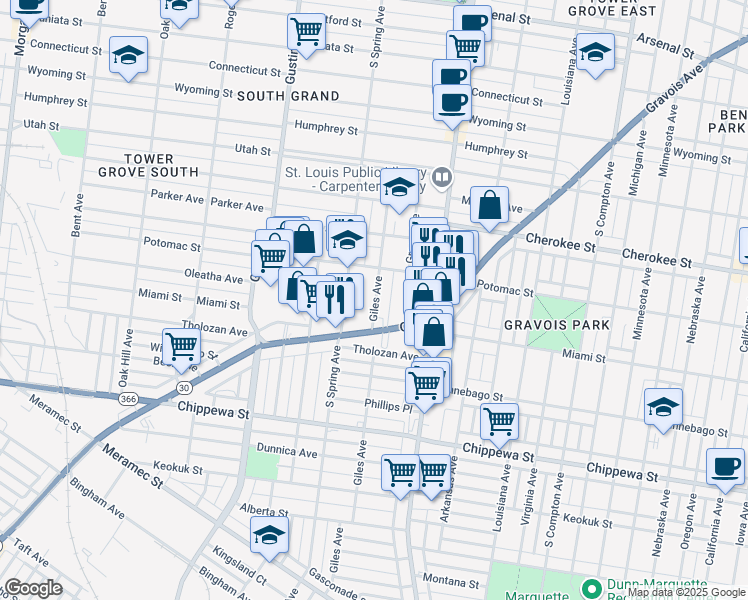 map of restaurants, bars, coffee shops, grocery stores, and more near 3518 Giles Avenue in St. Louis