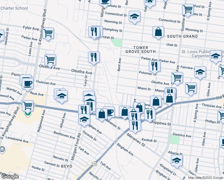 map of restaurants, bars, coffee shops, grocery stores, and more near 4170 Miami Street in St. Louis
