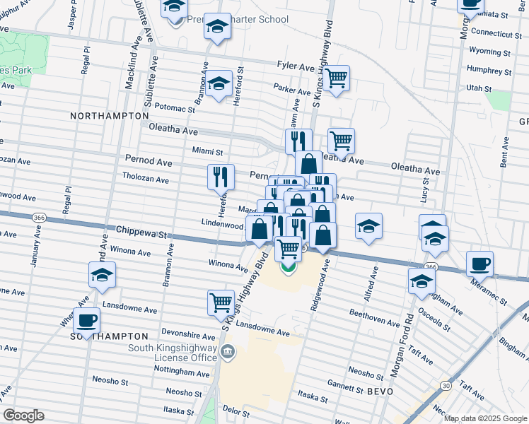 map of restaurants, bars, coffee shops, grocery stores, and more near 3632 Lawn Avenue in St. Louis