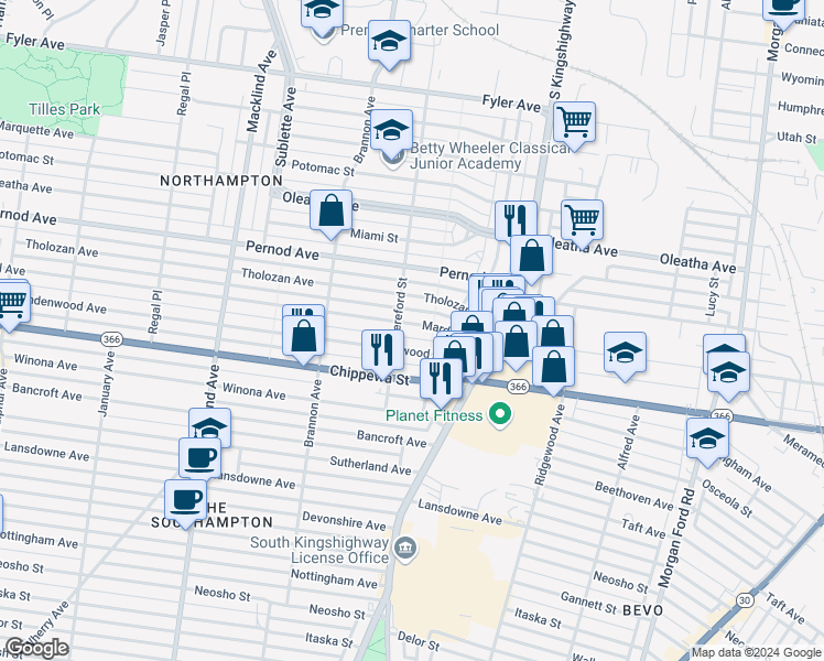 map of restaurants, bars, coffee shops, grocery stores, and more near 4997 Mardel Avenue in St. Louis
