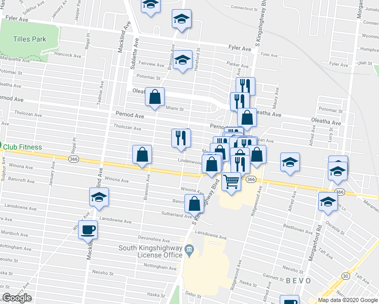 map of restaurants, bars, coffee shops, grocery stores, and more near 4997 Mardel Avenue in St. Louis