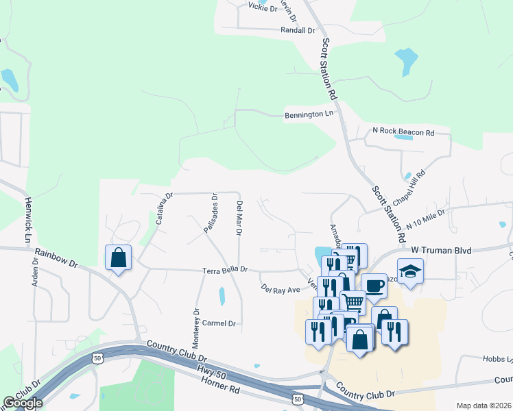 map of restaurants, bars, coffee shops, grocery stores, and more near 226 North Ventura Avenue in Jefferson City