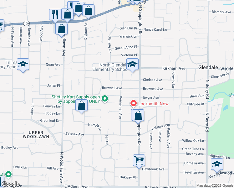 map of restaurants, bars, coffee shops, grocery stores, and more near 754 Brownell Avenue in St. Louis