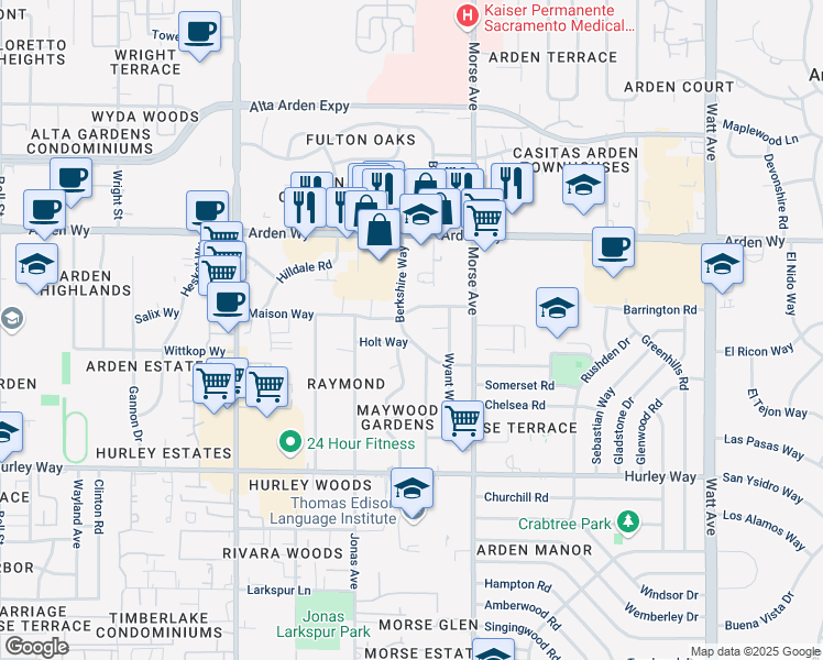 map of restaurants, bars, coffee shops, grocery stores, and more near 3000 Maison Way in Sacramento