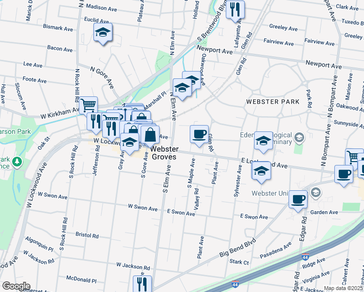 map of restaurants, bars, coffee shops, grocery stores, and more near 45 East Lockwood Avenue in Webster Groves