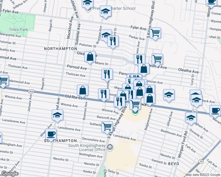 map of restaurants, bars, coffee shops, grocery stores, and more near 4988 Mardel Avenue in St. Louis