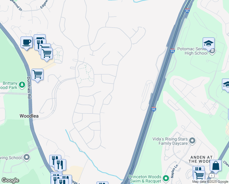 map of restaurants, bars, coffee shops, grocery stores, and more near 17251 Four Seasons Drive in Dumfries