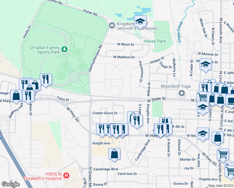 map of restaurants, bars, coffee shops, grocery stores, and more near 923 Bradley Street in O'Fallon