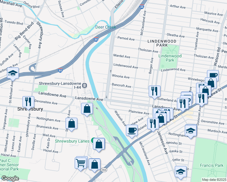map of restaurants, bars, coffee shops, grocery stores, and more near 7079 Sutherland Avenue in St. Louis