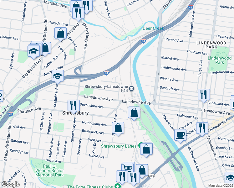 map of restaurants, bars, coffee shops, grocery stores, and more near 7267 Sutherland Avenue in St. Louis