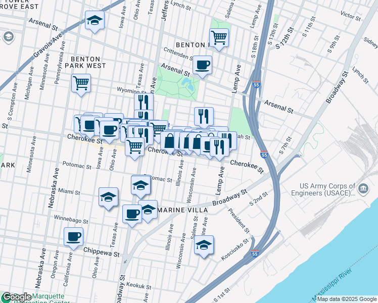 map of restaurants, bars, coffee shops, grocery stores, and more near 3339 Illinois Avenue in St. Louis