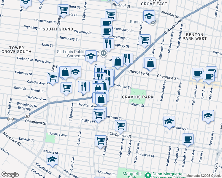 map of restaurants, bars, coffee shops, grocery stores, and more near 3501 Gravois Avenue in St. Louis