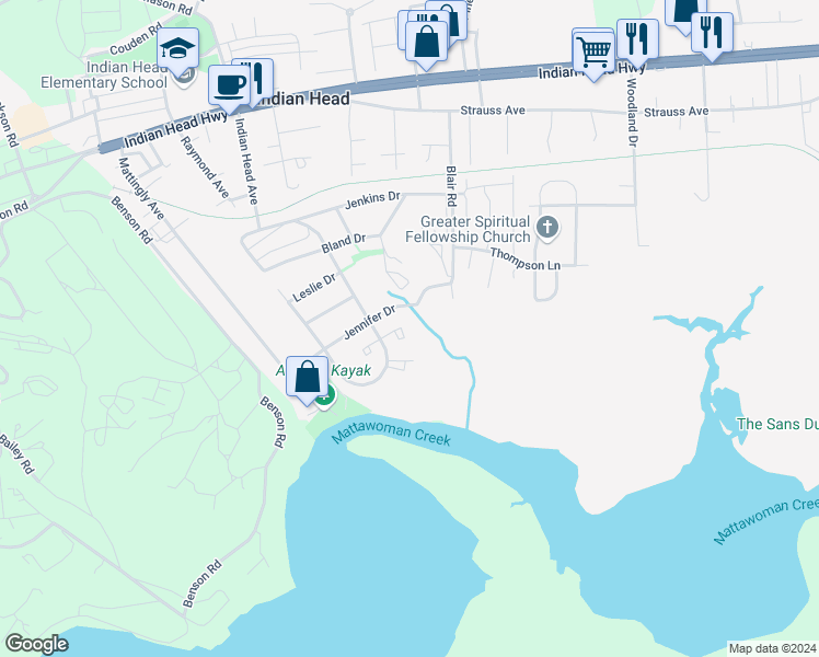 map of restaurants, bars, coffee shops, grocery stores, and more near 17 Sandra Court in Indian Head