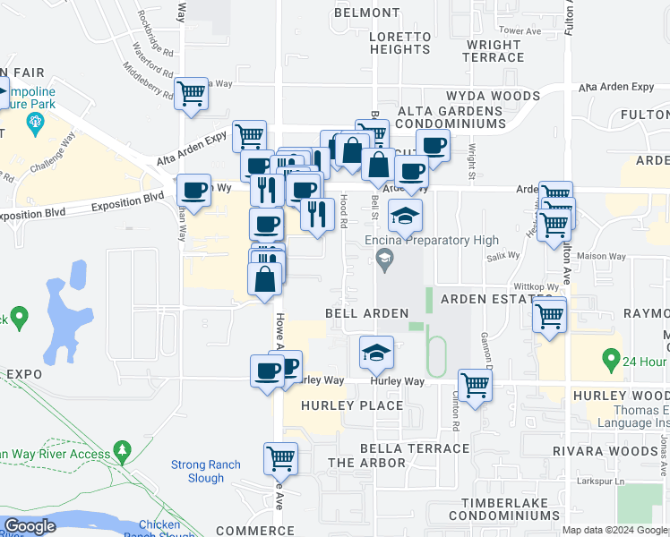 map of restaurants, bars, coffee shops, grocery stores, and more near 1505 Hood Road in Sacramento