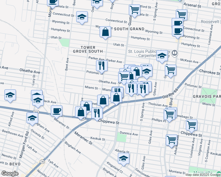 map of restaurants, bars, coffee shops, grocery stores, and more near 3929 Miami Street in St. Louis