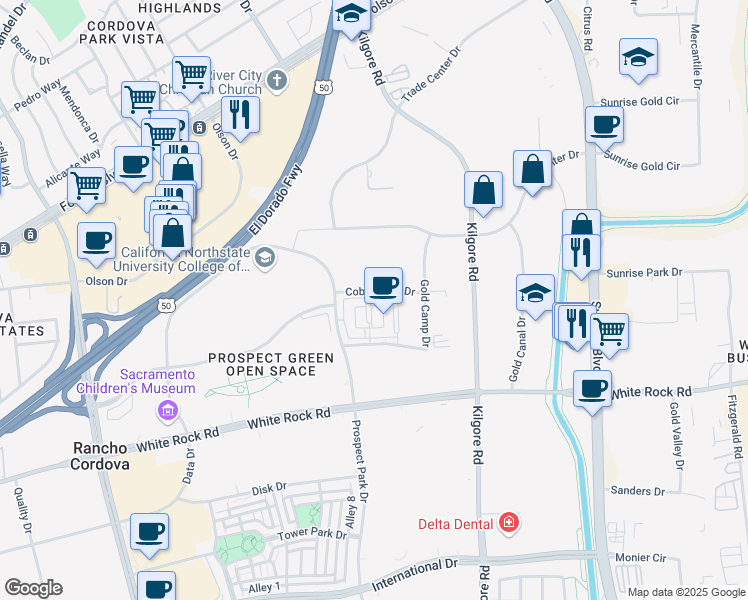 map of restaurants, bars, coffee shops, grocery stores, and more near 3140 Cobblerock Drive in Rancho Cordova
