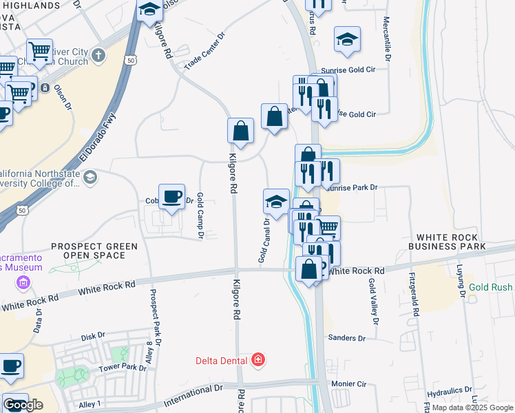 map of restaurants, bars, coffee shops, grocery stores, and more near 3034 Gold Canal Drive in Rancho Cordova
