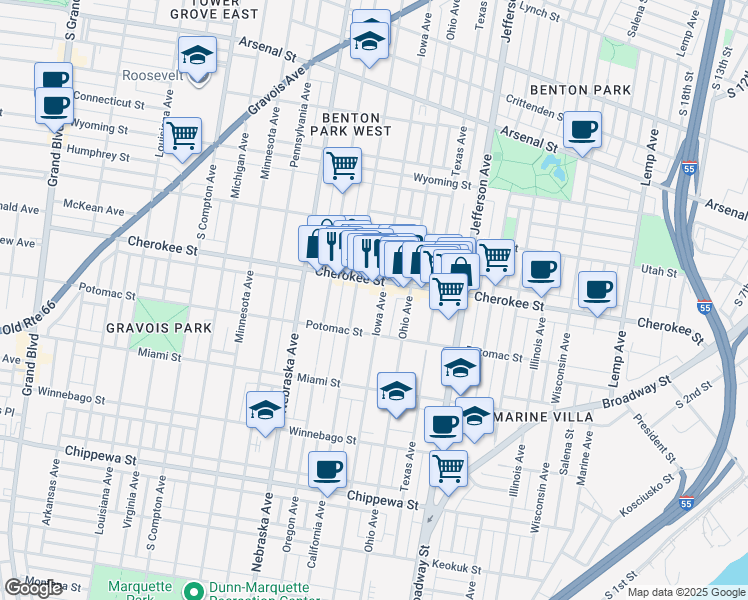 map of restaurants, bars, coffee shops, grocery stores, and more near 2741A Cherokee Street in St. Louis
