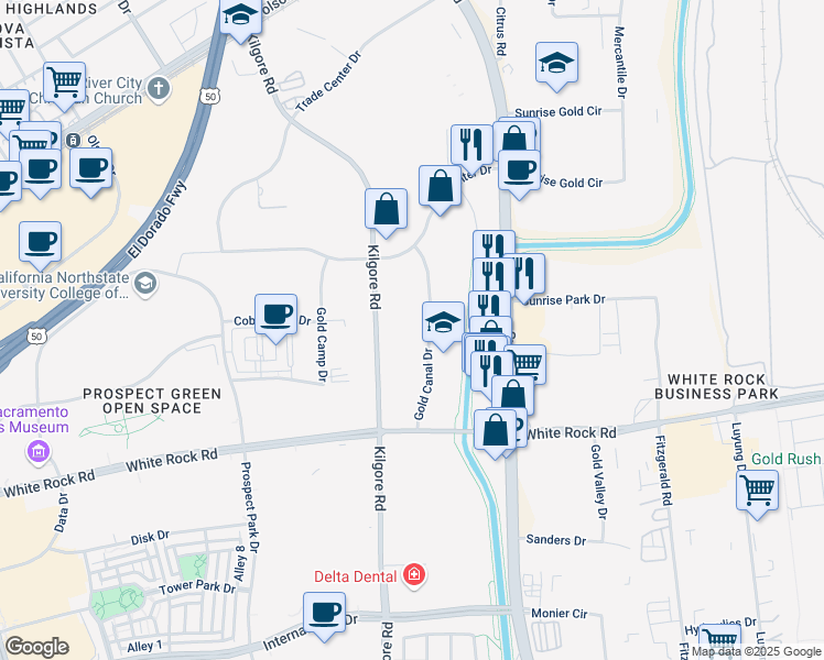 map of restaurants, bars, coffee shops, grocery stores, and more near 3034 Gold Canal Drive in Rancho Cordova