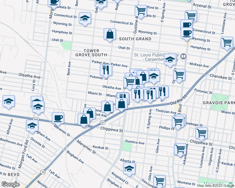 map of restaurants, bars, coffee shops, grocery stores, and more near 3908 Oleatha Avenue in St. Louis