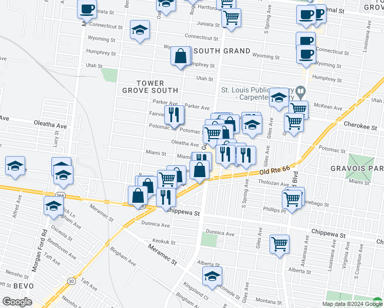 map of restaurants, bars, coffee shops, grocery stores, and more near 3908 Oleatha Avenue in St. Louis