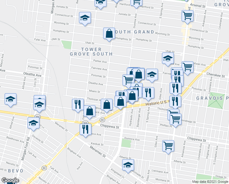 map of restaurants, bars, coffee shops, grocery stores, and more near 3532 Roger Place in St. Louis