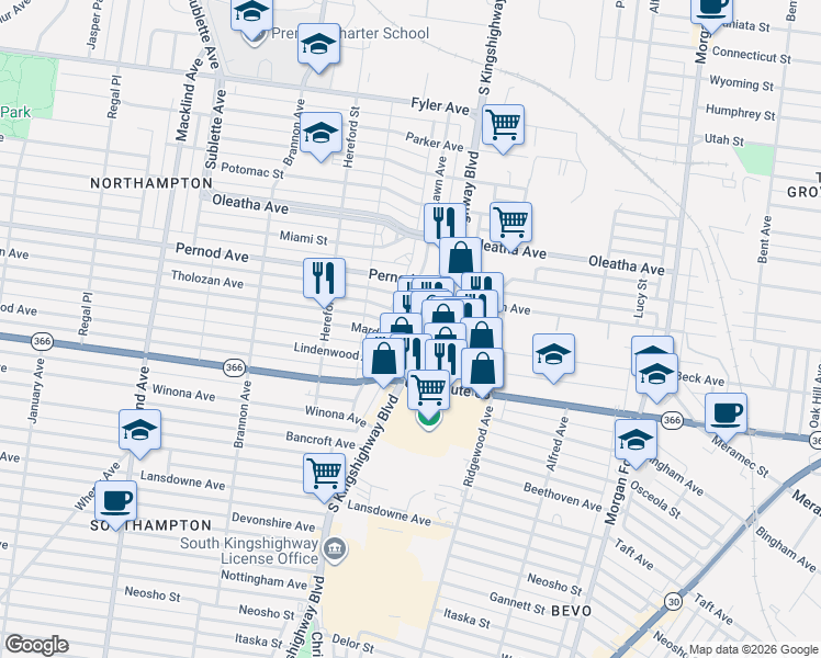 map of restaurants, bars, coffee shops, grocery stores, and more near 3632 Lawn Avenue in St. Louis
