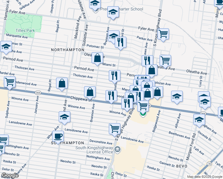 map of restaurants, bars, coffee shops, grocery stores, and more near 5033 Mardel Avenue in St. Louis