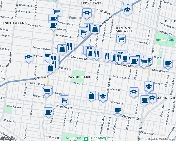 map of restaurants, bars, coffee shops, grocery stores, and more near 3444 South Compton Avenue in St. Louis