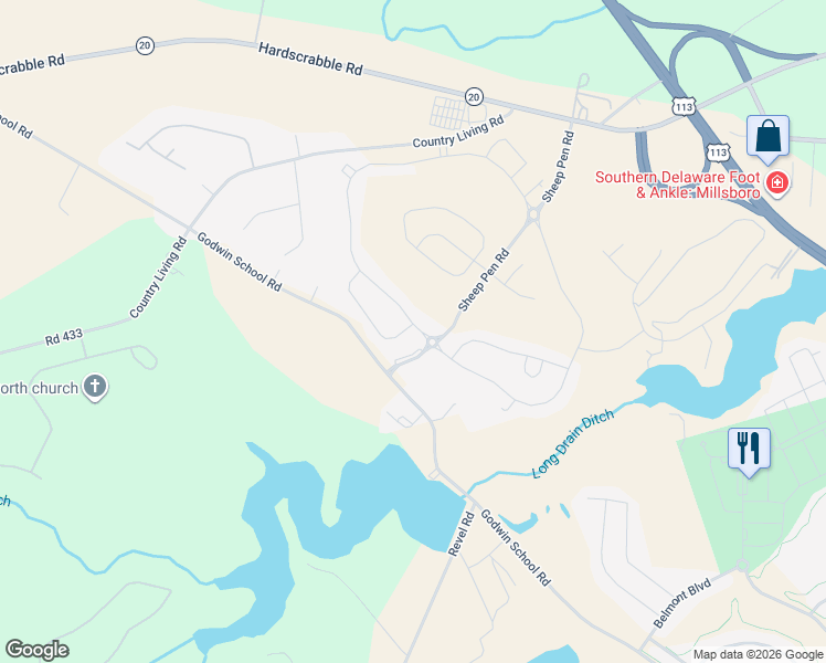 map of restaurants, bars, coffee shops, grocery stores, and more near 35049 Wright Way in Millsboro
