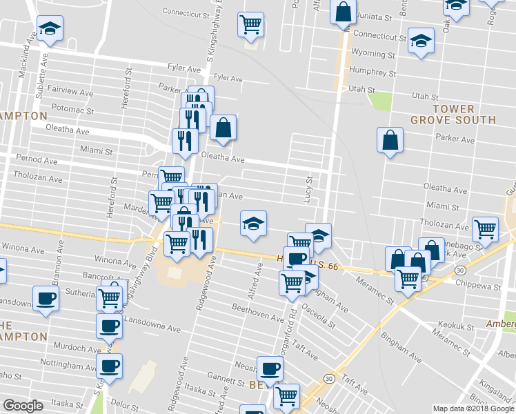 map of restaurants, bars, coffee shops, grocery stores, and more near 4440 Tholozan Avenue in St. Louis