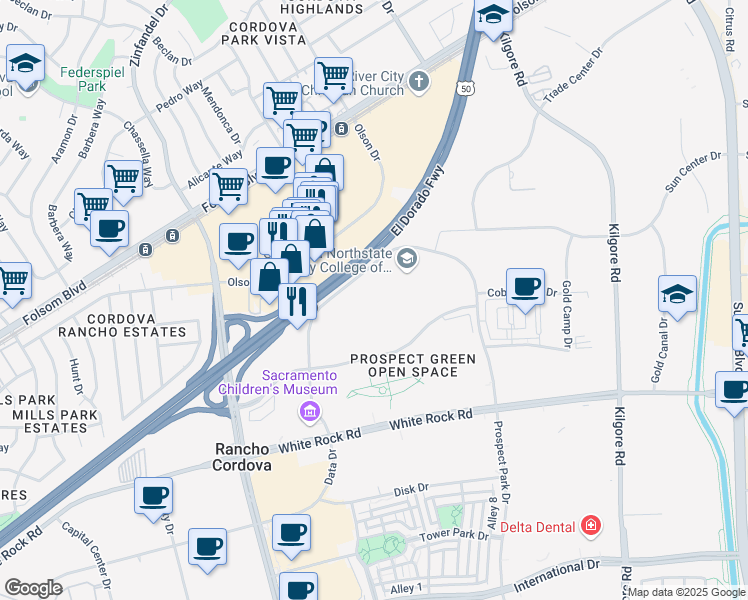 map of restaurants, bars, coffee shops, grocery stores, and more near 2882 Prospect Park Drive in Rancho Cordova