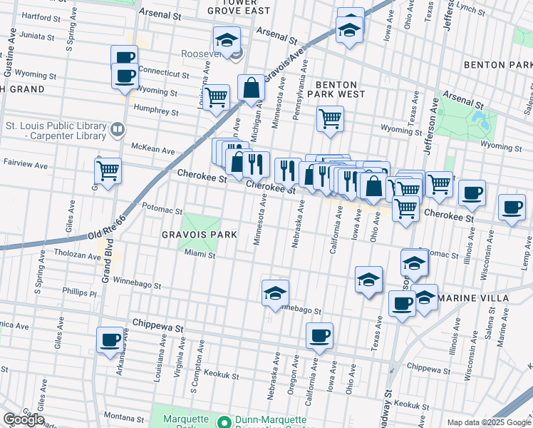 map of restaurants, bars, coffee shops, grocery stores, and more near 3442 Minnesota Avenue in Saint Louis