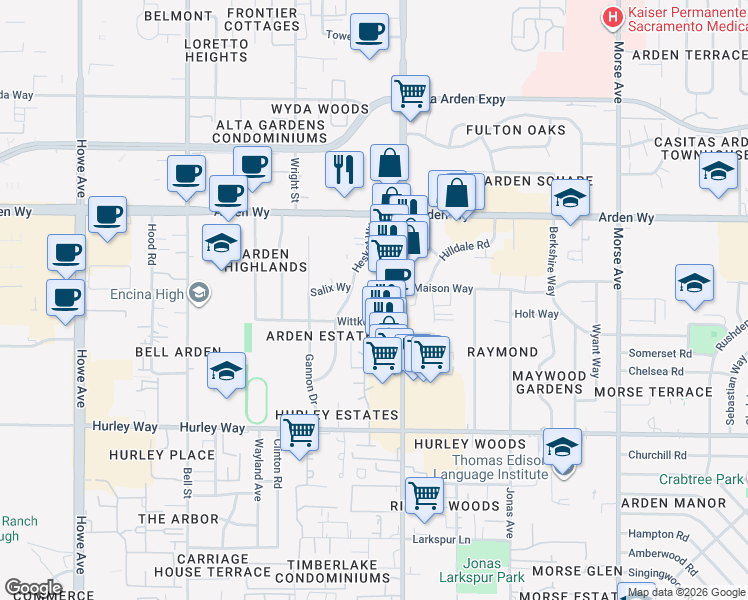 map of restaurants, bars, coffee shops, grocery stores, and more near 1503 Fulton Avenue in Sacramento